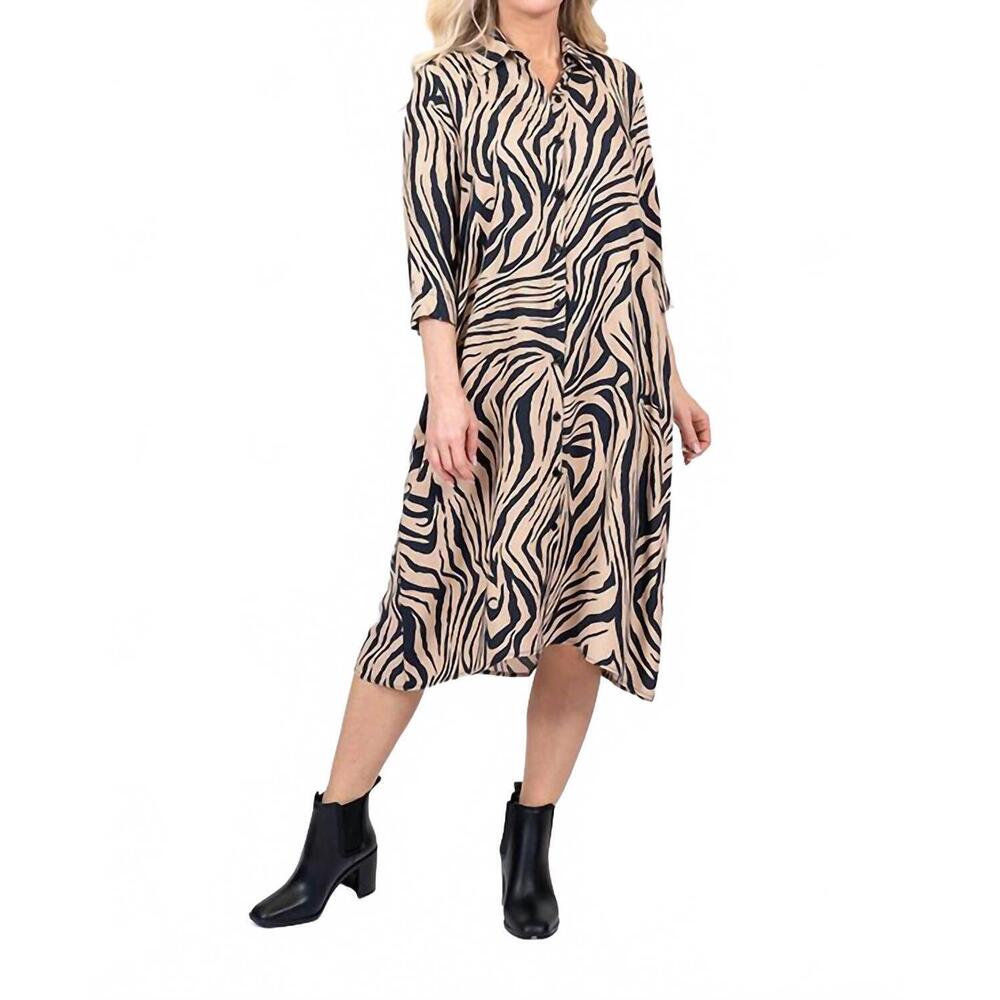 NEW SCAPA animal print midi shirt dress in beige multi
